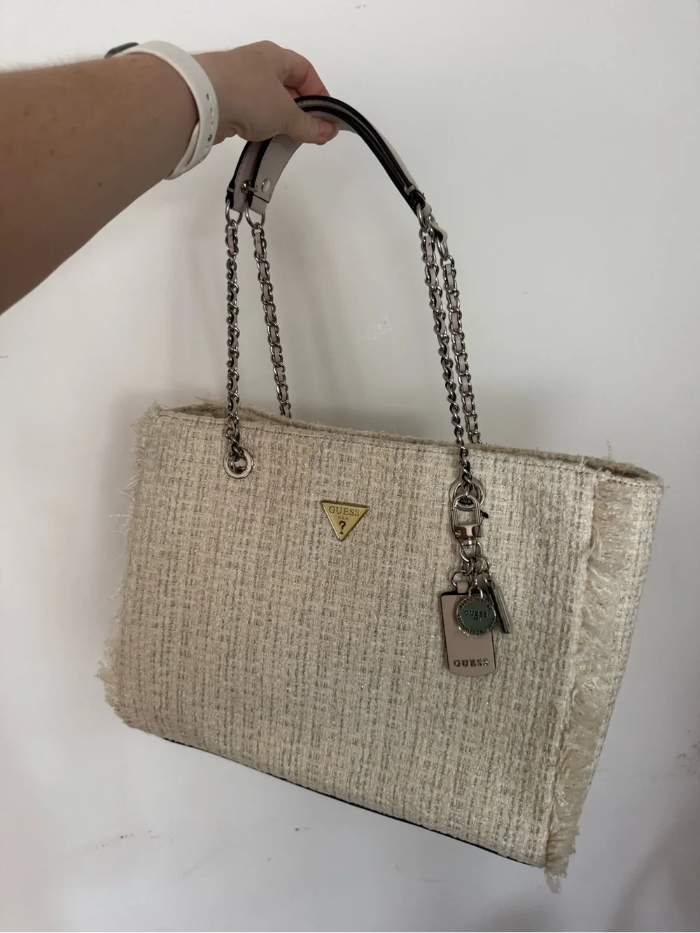 GUESS Cream Tweed Tote with Chain Handles